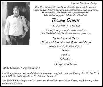 Anzeige von Thomas Gruner von Kölner Stadt-Anzeiger / Kölnische Rundschau / Express