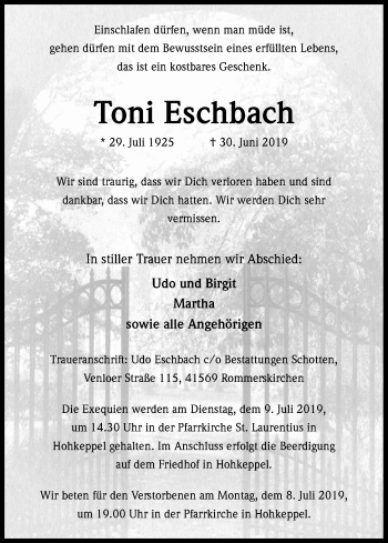 Anzeige von Toni Eschbach von Kölner Stadt-Anzeiger / Kölnische Rundschau / Express