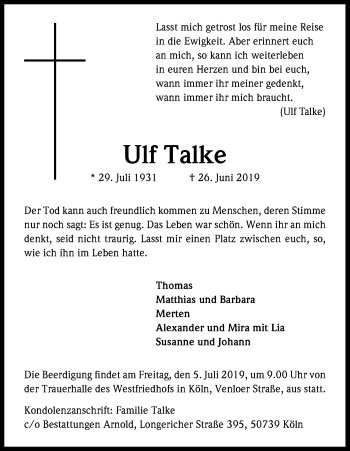 Anzeige von Ulf Talke von Kölner Stadt-Anzeiger / Kölnische Rundschau / Express