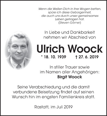 Anzeige von Ulrich Woock von  Sonntags-Post 