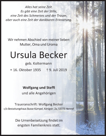 Anzeige von Ursula Becker von Kölner Stadt-Anzeiger / Kölnische Rundschau / Express
