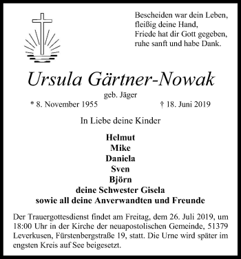Anzeige von Ursula Gärtner-Nowak von Kölner Stadt-Anzeiger / Kölnische Rundschau / Express