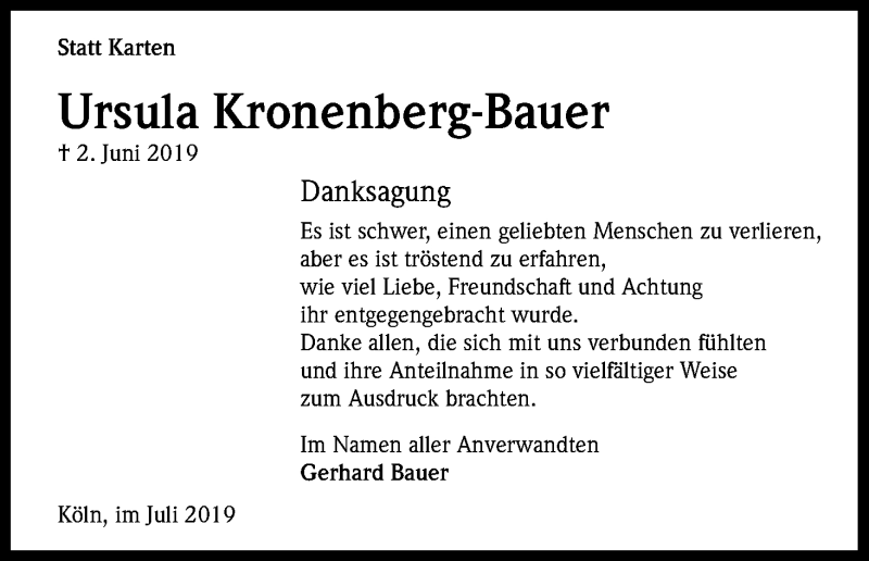  Traueranzeige für Ursula Kronenberg-Bauer vom 12.07.2019 aus Kölner Stadt-Anzeiger / Kölnische Rundschau / Express