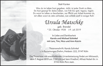Anzeige von Ursula Matschke von  Kölner Wochenspiegel 