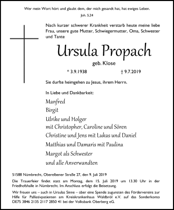 Anzeige von Ursula Propach von Kölner Stadt-Anzeiger / Kölnische Rundschau / Express