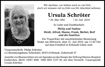 Anzeige von Ursula Schröter von Kölner Stadt-Anzeiger / Kölnische Rundschau / Express