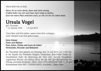 Anzeige von Ursula Vogel von Kölner Stadt-Anzeiger / Kölnische Rundschau / Express