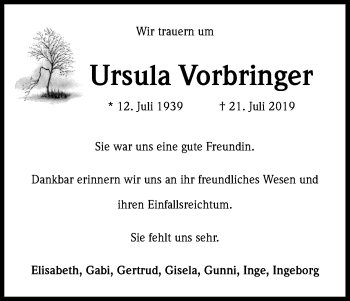 Anzeige von Ursula Vorbringer von Kölner Stadt-Anzeiger / Kölnische Rundschau / Express