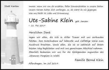 Anzeige von Ute-Sabine Klein von Kölner Stadt-Anzeiger / Kölnische Rundschau / Express