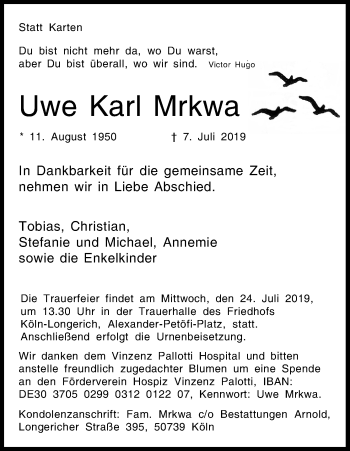 Anzeige von Uwe Karl Mrkwa von Kölner Stadt-Anzeiger / Kölnische Rundschau / Express