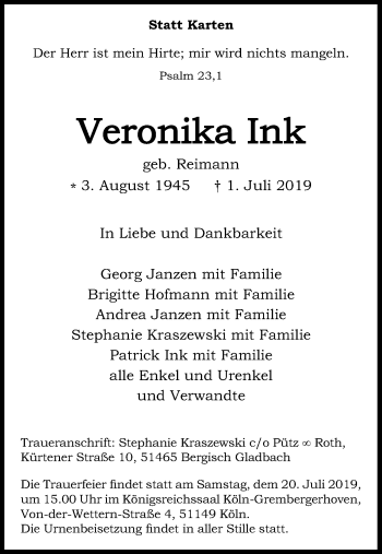 Anzeige von Veronika Ink von Kölner Stadt-Anzeiger / Kölnische Rundschau / Express