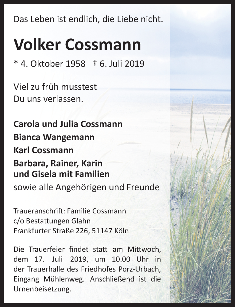  Traueranzeige für Volker Cossmann vom 10.07.2019 aus  Kölner Wochenspiegel 