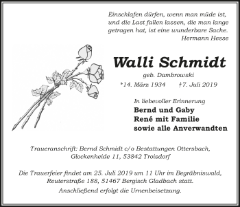 Anzeige von Walli Schmidt von  Bergisches Sonntagsblatt 