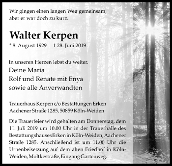 Anzeige von Walter Kerpen von Kölner Stadt-Anzeiger / Kölnische Rundschau / Express