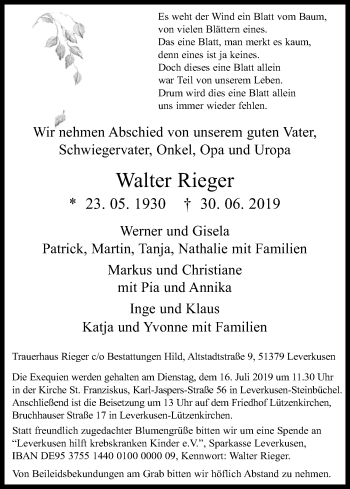 Anzeige von Walter Rieger von Kölner Stadt-Anzeiger / Kölnische Rundschau / Express