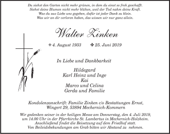 Anzeige von Walter Zinken von  Blickpunkt Euskirchen 