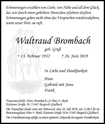 Anzeige von Waltraud Brombach von Kölner Stadt-Anzeiger / Kölnische Rundschau / Express