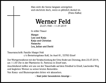 Anzeige von Werner Feld von Kölner Stadt-Anzeiger / Kölnische Rundschau / Express