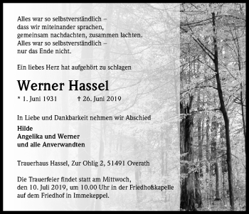 Anzeige von Werner Hassel von Kölner Stadt-Anzeiger / Kölnische Rundschau / Express