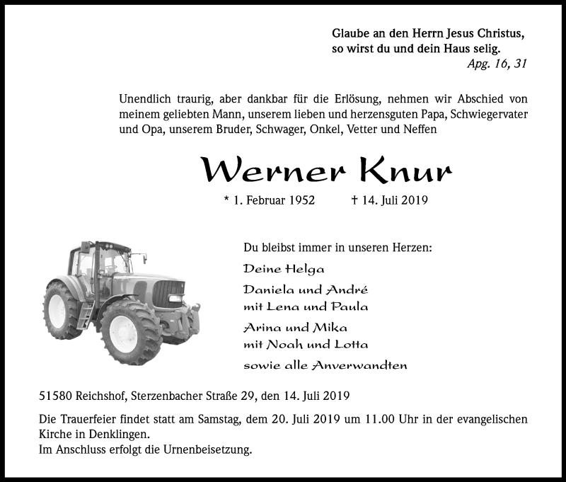  Traueranzeige für Werner Knur vom 16.07.2019 aus Kölner Stadt-Anzeiger / Kölnische Rundschau / Express