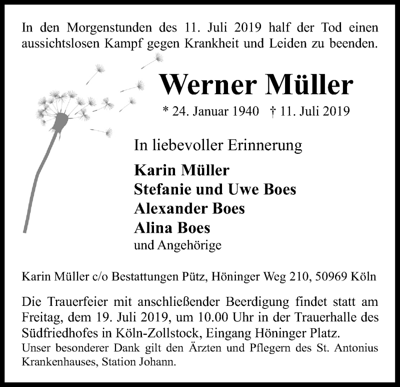  Traueranzeige für Werner Müller vom 17.07.2019 aus Kölner Stadt-Anzeiger / Kölnische Rundschau / Express