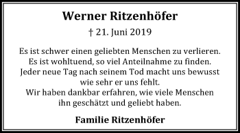 Anzeige von Werner Ritzenhöfer von Kölner Stadt-Anzeiger / Kölnische Rundschau / Express