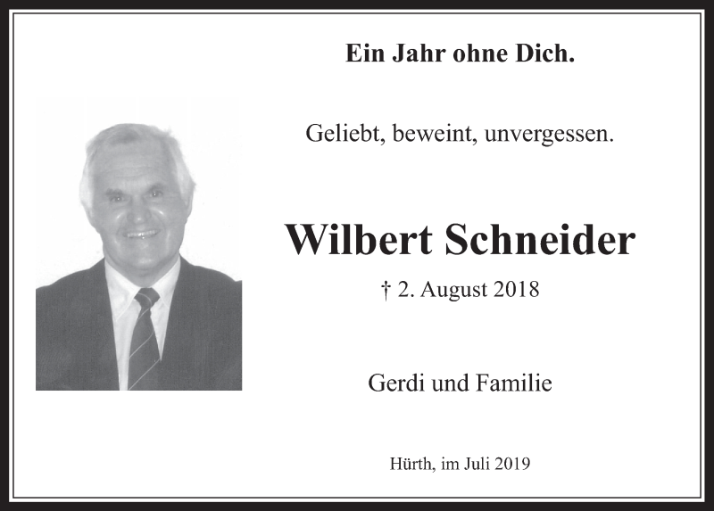  Traueranzeige für Wilbert Schneider vom 31.07.2019 aus  Wochenende 