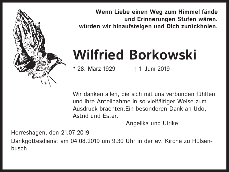  Traueranzeige für Wilfried Borkowski vom 24.07.2019 aus Kölner Stadt-Anzeiger / Kölnische Rundschau / Express
