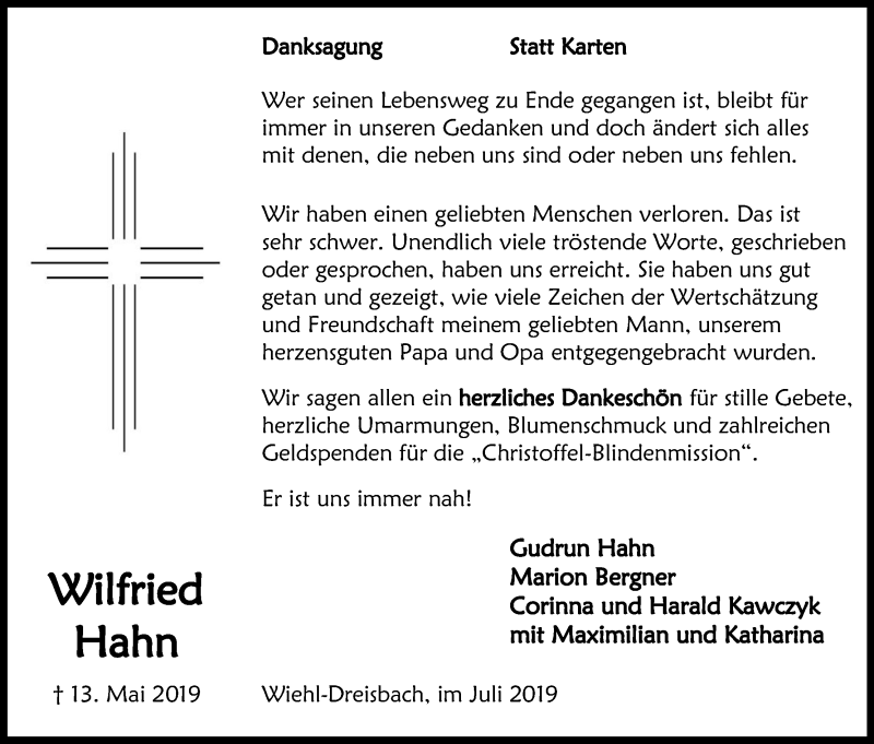  Traueranzeige für Wilfried Hahn vom 06.07.2019 aus Kölner Stadt-Anzeiger / Kölnische Rundschau / Express