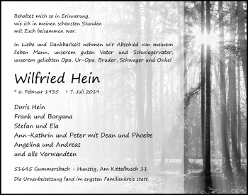 Anzeige von Wilfried Hein von  Anzeigen Echo 