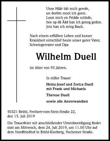 Anzeige von Wilhelm Duell von Kölner Stadt-Anzeiger / Kölnische Rundschau / Express
