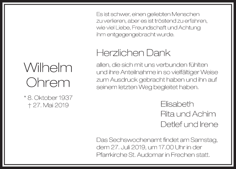 Traueranzeige für Wilhelm Ohrem vom 06.07.2019 aus  Sonntags-Post 