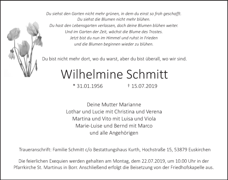  Traueranzeige für Wilhelmine Schmitt vom 20.07.2019 aus  Blickpunkt Euskirchen 