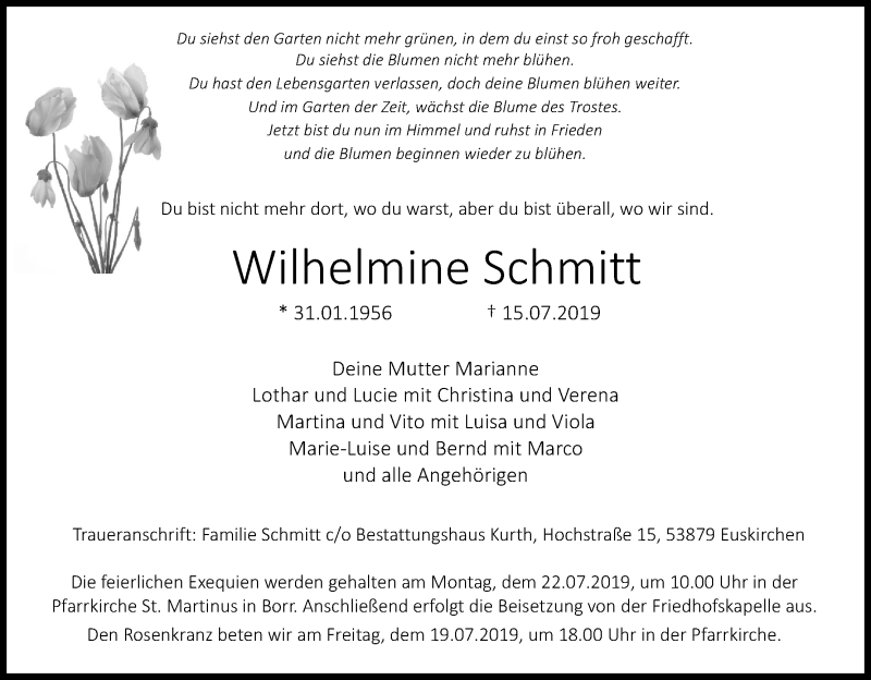  Traueranzeige für Wilhelmine Schmitt vom 19.07.2019 aus Kölner Stadt-Anzeiger / Kölnische Rundschau / Express