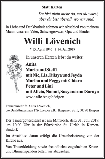 Anzeige von Wille Lövenich von  Sonntags-Post 