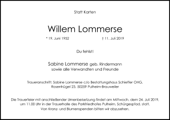 Anzeige von Willem Lommerse von Kölner Stadt-Anzeiger / Kölnische Rundschau / Express