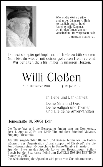 Anzeige von Willi Cloßen von Kölner Stadt-Anzeiger / Kölnische Rundschau / Express