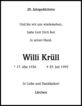 Anzeige von Willi Krüll von Kölner Stadt-Anzeiger / Kölnische Rundschau / Express