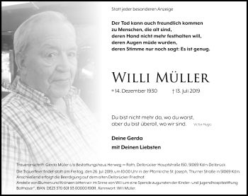 Anzeige von Willi Müller von Kölner Stadt-Anzeiger / Kölnische Rundschau / Express