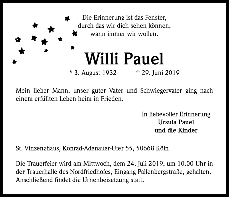  Traueranzeige für Willi Pauel vom 13.07.2019 aus Kölner Stadt-Anzeiger / Kölnische Rundschau / Express