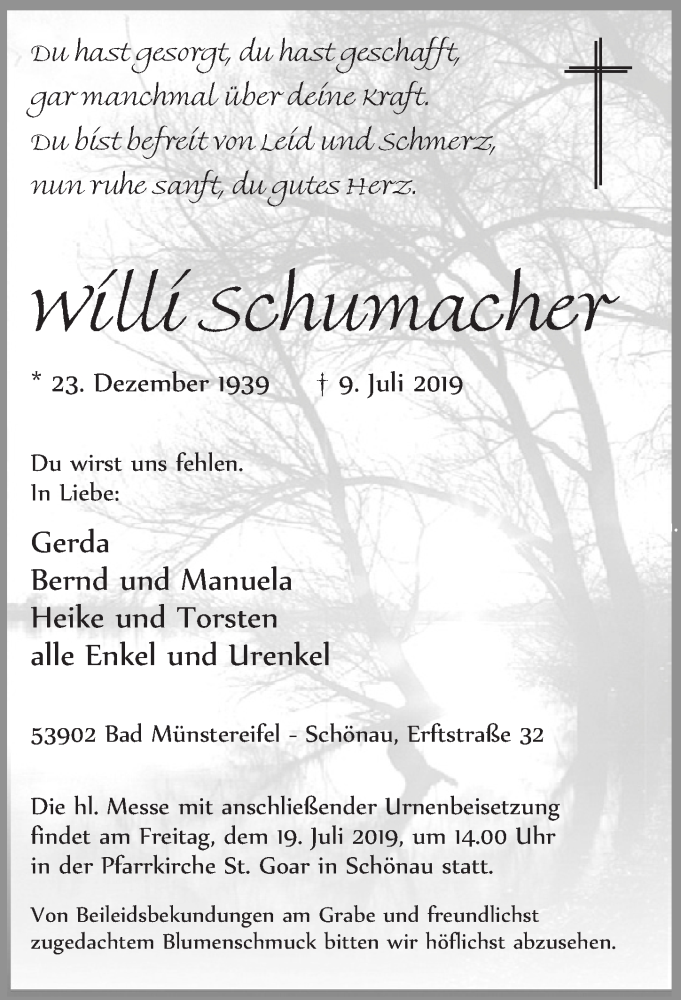  Traueranzeige für Willi Schumacher vom 13.07.2019 aus  Blickpunkt Euskirchen 