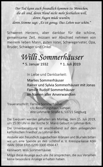 Anzeige von Willi Sommerhäuser von Kölner Stadt-Anzeiger / Kölnische Rundschau / Express