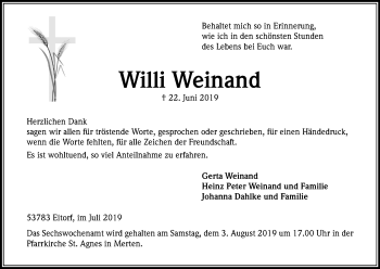 Anzeige von Willi Weinand von Kölner Stadt-Anzeiger / Kölnische Rundschau / Express
