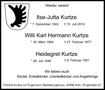 Anzeige von Willi Karl Hermann Kurtze von Kölner Stadt-Anzeiger / Kölnische Rundschau / Express