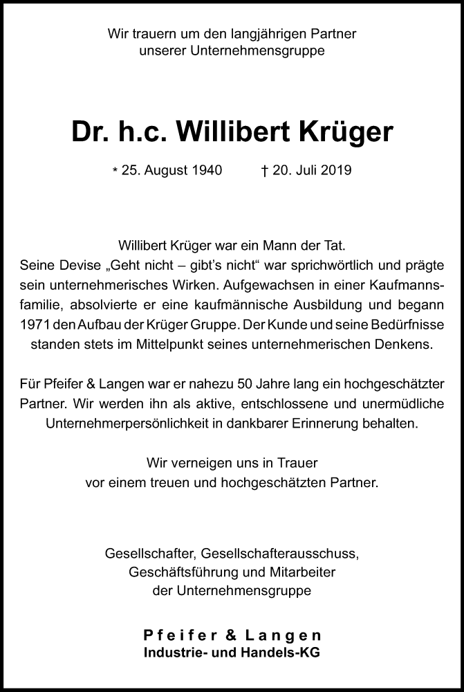  Traueranzeige für Willibert Krüger vom 18.07.2023 aus Kölner Stadt-Anzeiger / Kölnische Rundschau / Express