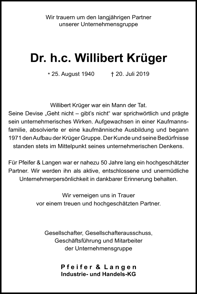  Traueranzeige für Willibert Krüger vom 18.07.2023 aus Kölner Stadt-Anzeiger / Kölnische Rundschau / Express
