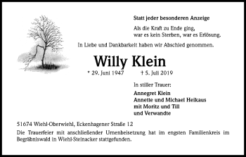 Anzeige von Willy Klein von Kölner Stadt-Anzeiger / Kölnische Rundschau / Express