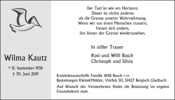 Anzeige von Wilma Kautz von  Bergisches Handelsblatt 