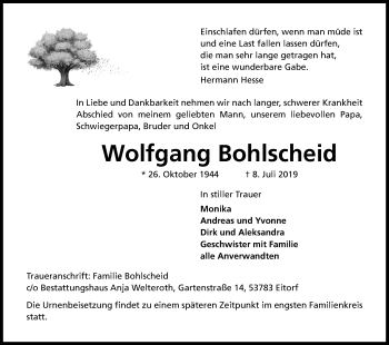 Anzeige von Wolfgang Bohlscheid von Kölner Stadt-Anzeiger / Kölnische Rundschau / Express