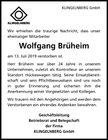 Anzeige von Wolfgang Brüheim von Kölner Stadt-Anzeiger / Kölnische Rundschau / Express